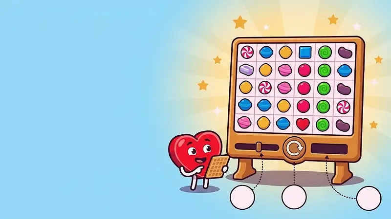 Come si gioca a Sweet Bonanza — regole: griglia 6x5 su un leggio di caramella con legenda a pittogrammi e mascotte con la lavagnetta