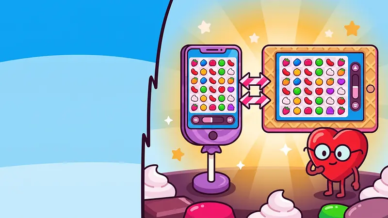 Sweet Bonanza mobile spiegato: smartphone di caramella in verticale accanto a un tablet in orizzontale con la stessa griglia