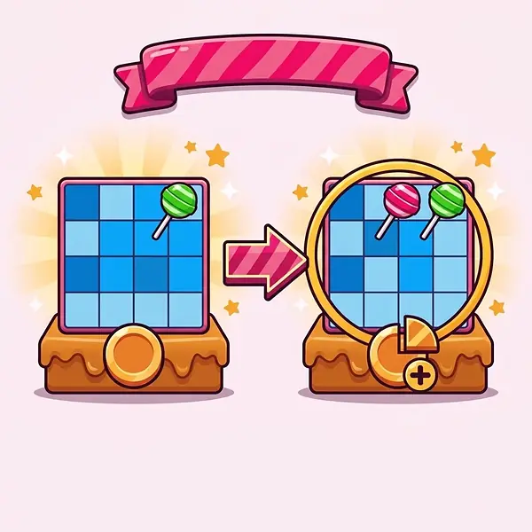 Ante Bet di Sweet Bonanza spiegato: due griglie affiancate, la seconda con il doppio dei lecca-lecca e una moneta più grande