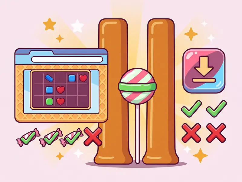 Sweet Bonanza browser o app: due finestre di caramella a confronto con spunte e croci, senza loghi di store