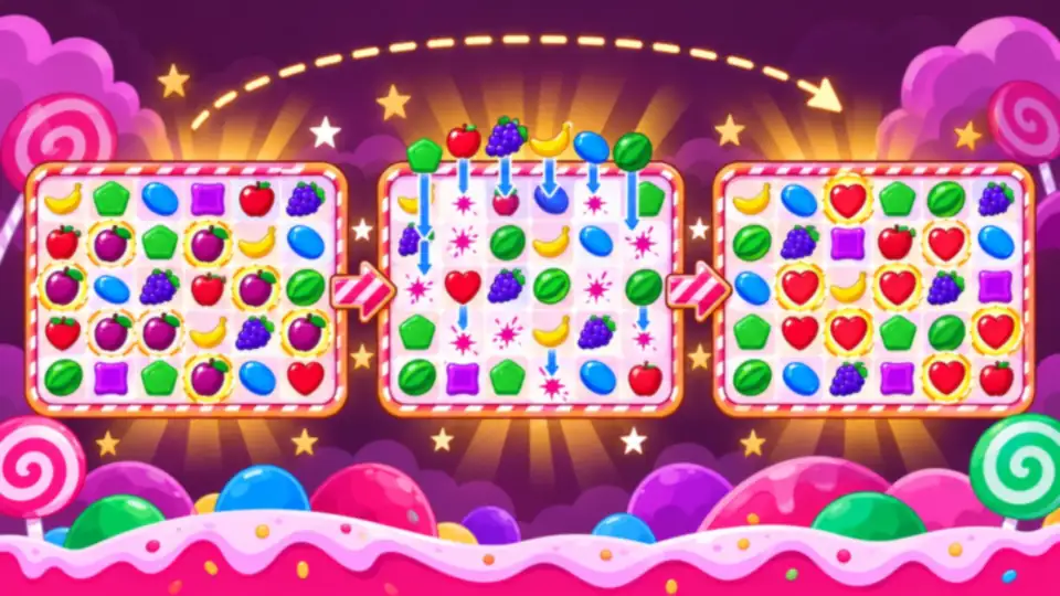 Sweet Bonanza cascata Tumble: schema in tre riquadri con simboli che esplodono, cadono e formano una nuova combinazione