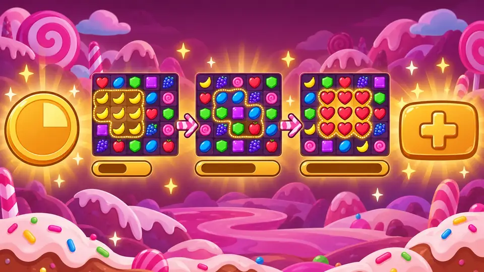 Esempio di round di Sweet Bonanza: puntata, tre cascate e somma finale illustrate con blocchi di caramella