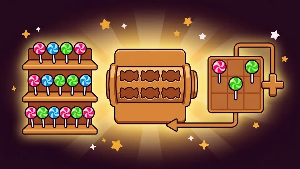 Giri gratis di Sweet Bonanza spiegati: tre file di lecca-lecca, contatore di caramelle e tre lecca-lecca che aggiungono giri